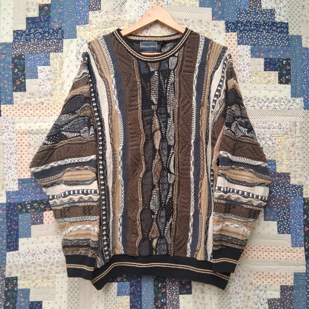 VTG Florence Tricot 3D Knit Sweater‎ Size XL Chunky Knit Coogi Style Earth Tones